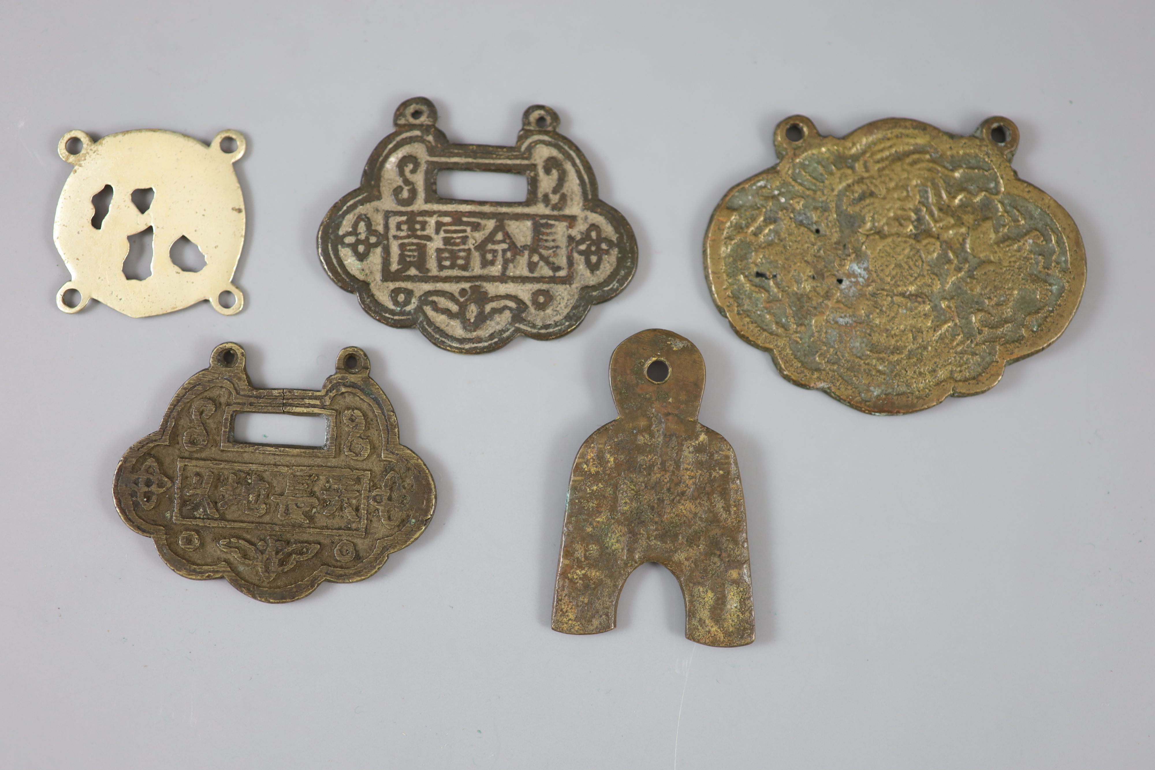 China, 5 bronze or brass charms or amulets, Qing dynasty-Republic period,